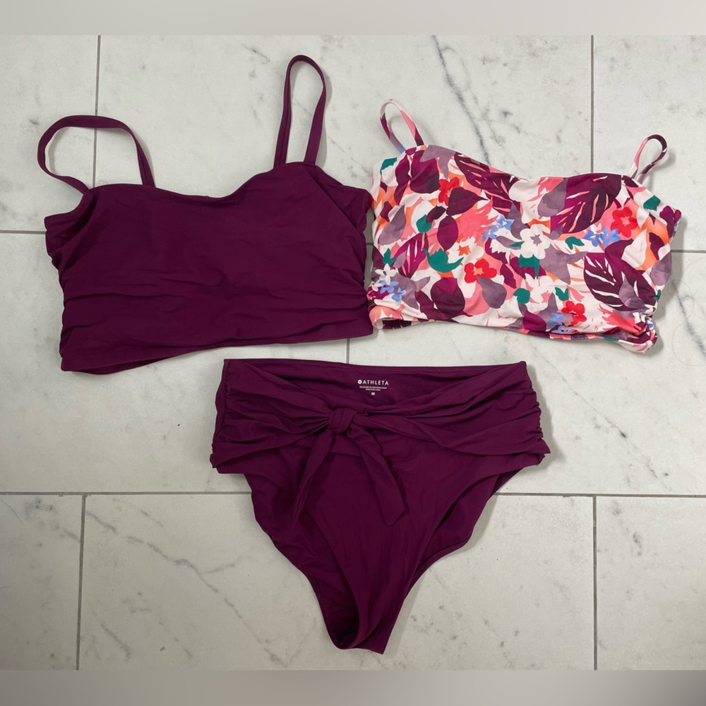 Athleta longline underwire bikini tops 36D/DD + high waist bottom with tie (M)